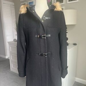 Cole Haan Signature Wool Blend Toggle Coat with Faux Fur Hood - women’s size 4
